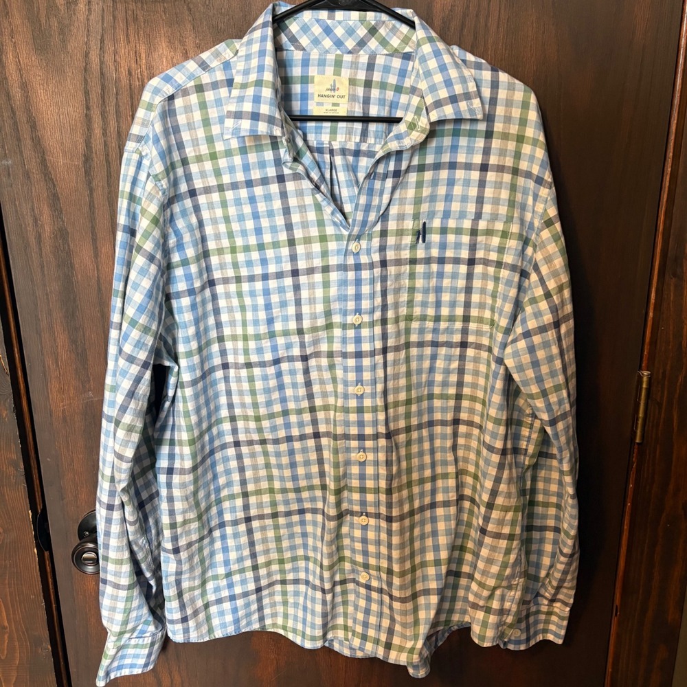 Johnnie-O Hangin Out Mens XL Blue Green Plaid Long Sleeve Button Down Shirt